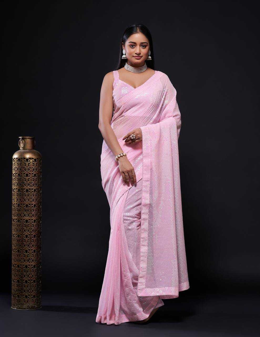 Ynf Georgette RIN213 L244 Sarees Wholesale Party Wear Sarees Sequins Work Saree Pink Sarees Manufacturer