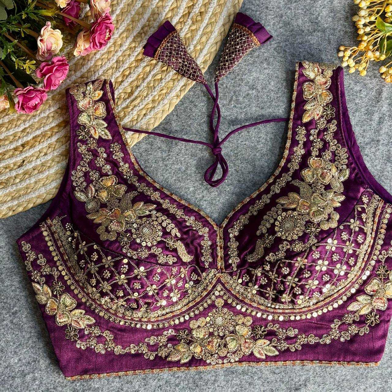 Ynf Italian Silk KESH111 NEACK BRIDAL BLOUSE Readymade Blouses Wholesale V-Neck Blouses Sequence Embroidery Blouse Sleeveless Blouse Manufacturer
