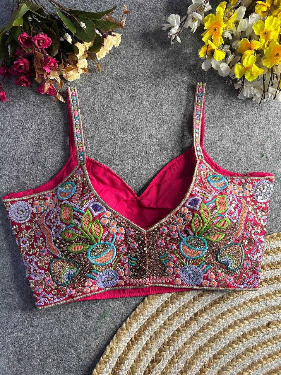 Ynf Italian Silk KESH111 Spaghetti Blouse Readymade Blouses Wholesale V-Neck Blouses Sequence Embroidery Blouse Sleeveless Blouse Manufacturer