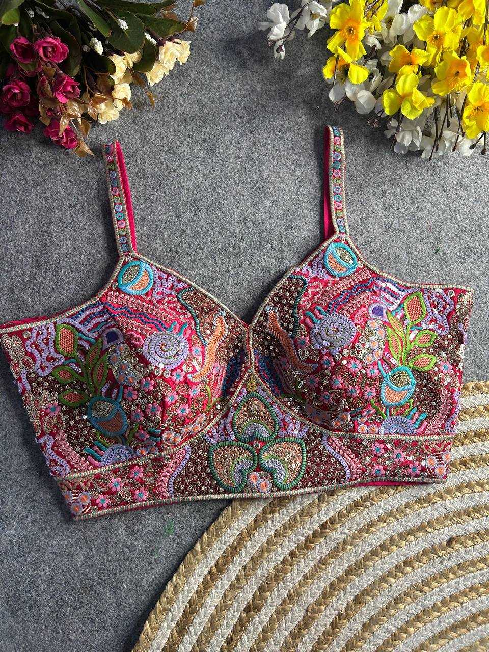 Ynf Italian Silk KESH111 Spaghetti Blouse Readymade Blouses Wholesale V-Neck Blouses Sequence Embroidery Blouse Sleeveless Blouse Manufacturer