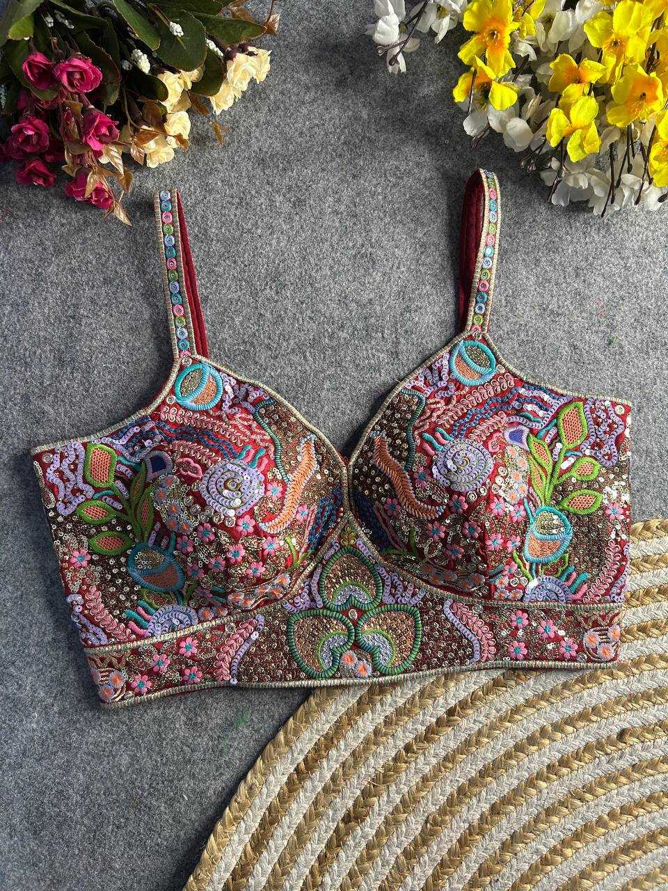 Ynf Italian Silk KESH111 Spaghetti Blouse Readymade Blouses Wholesale V-Neck Blouses Sequence Embroidery Blouse Sleeveless Blouse Manufacturer
