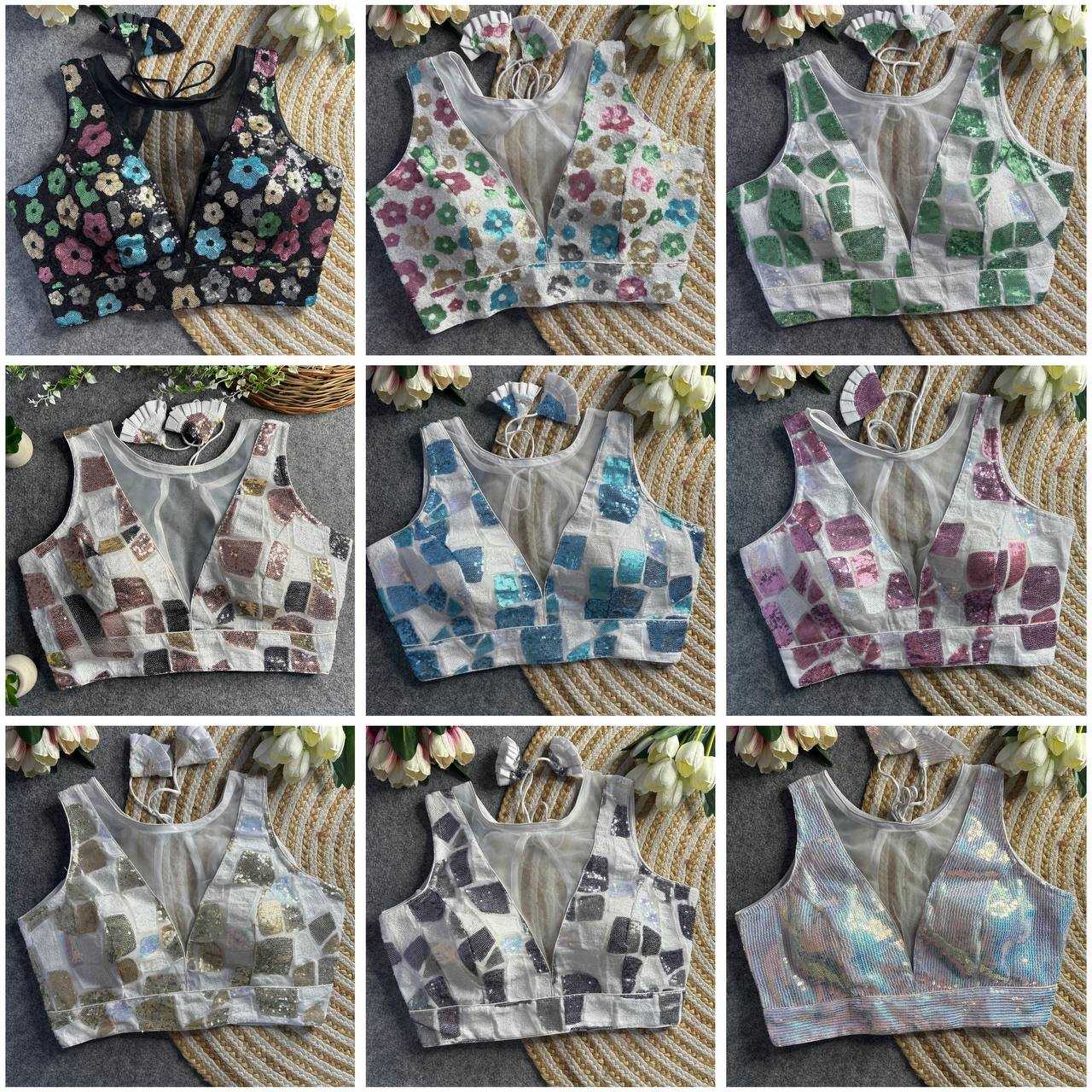 Ynf Net KESH111 Sequence Work Blouse Readymade Blouses Wholesale V-Neck Blouses Printed Blouse Sequence Embroidery Blouse Sleeveless Blouse Manufacturer