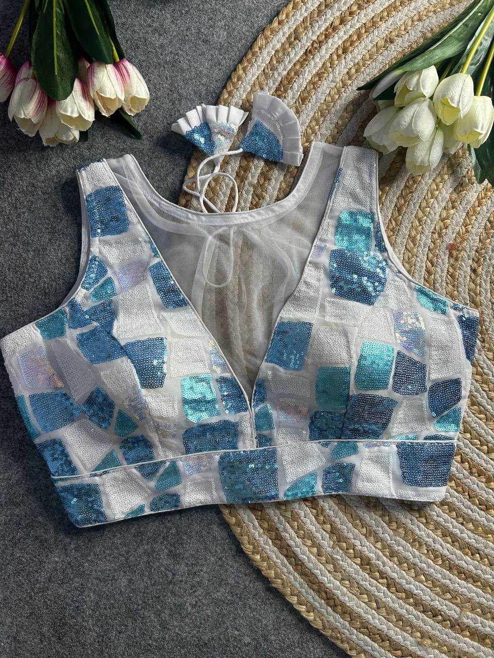 Ynf Net KESH111 Sequence Work Blouse Readymade Blouses Wholesale V-Neck Blouses Printed Blouse Sequence Embroidery Blouse Sleeveless Blouse Manufacturer
