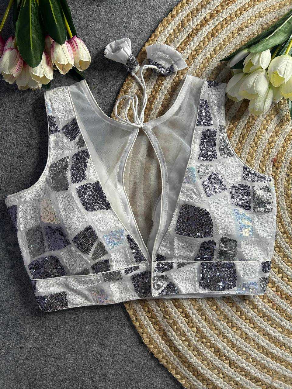 Ynf Net KESH111 Sequence Work Blouse Readymade Blouses Wholesale V-Neck Blouses Printed Blouse Sequence Embroidery Blouse Sleeveless Blouse Manufacturer