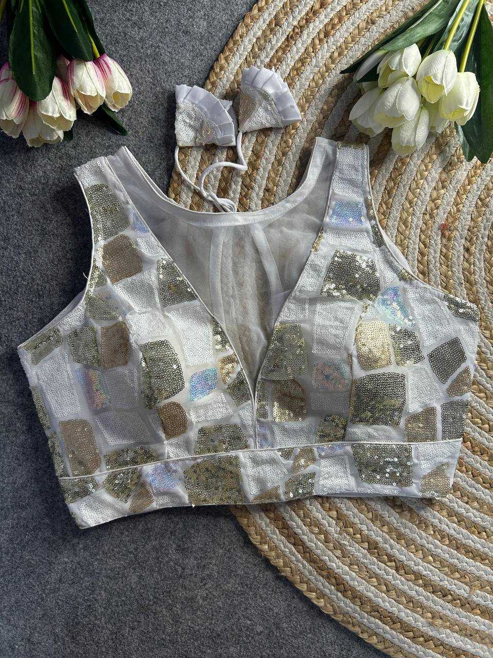 Ynf Net KESH111 Sequence Work Blouse Readymade Blouses Wholesale V-Neck Blouses Printed Blouse Sequence Embroidery Blouse Sleeveless Blouse Manufacturer