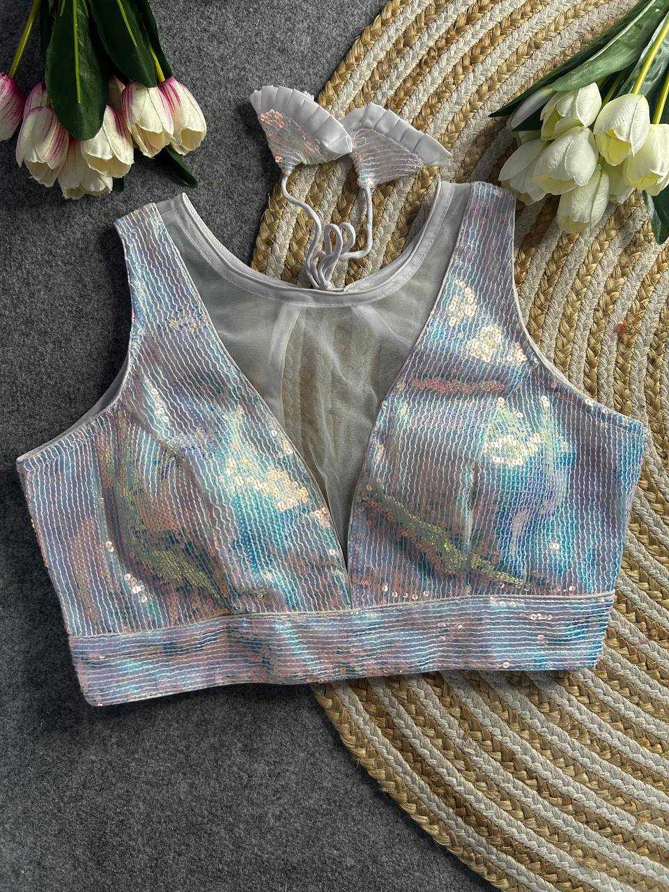 Ynf Net KESH111 Sequence Work Blouse Readymade Blouses Wholesale V-Neck Blouses Printed Blouse Sequence Embroidery Blouse Sleeveless Blouse Manufacturer