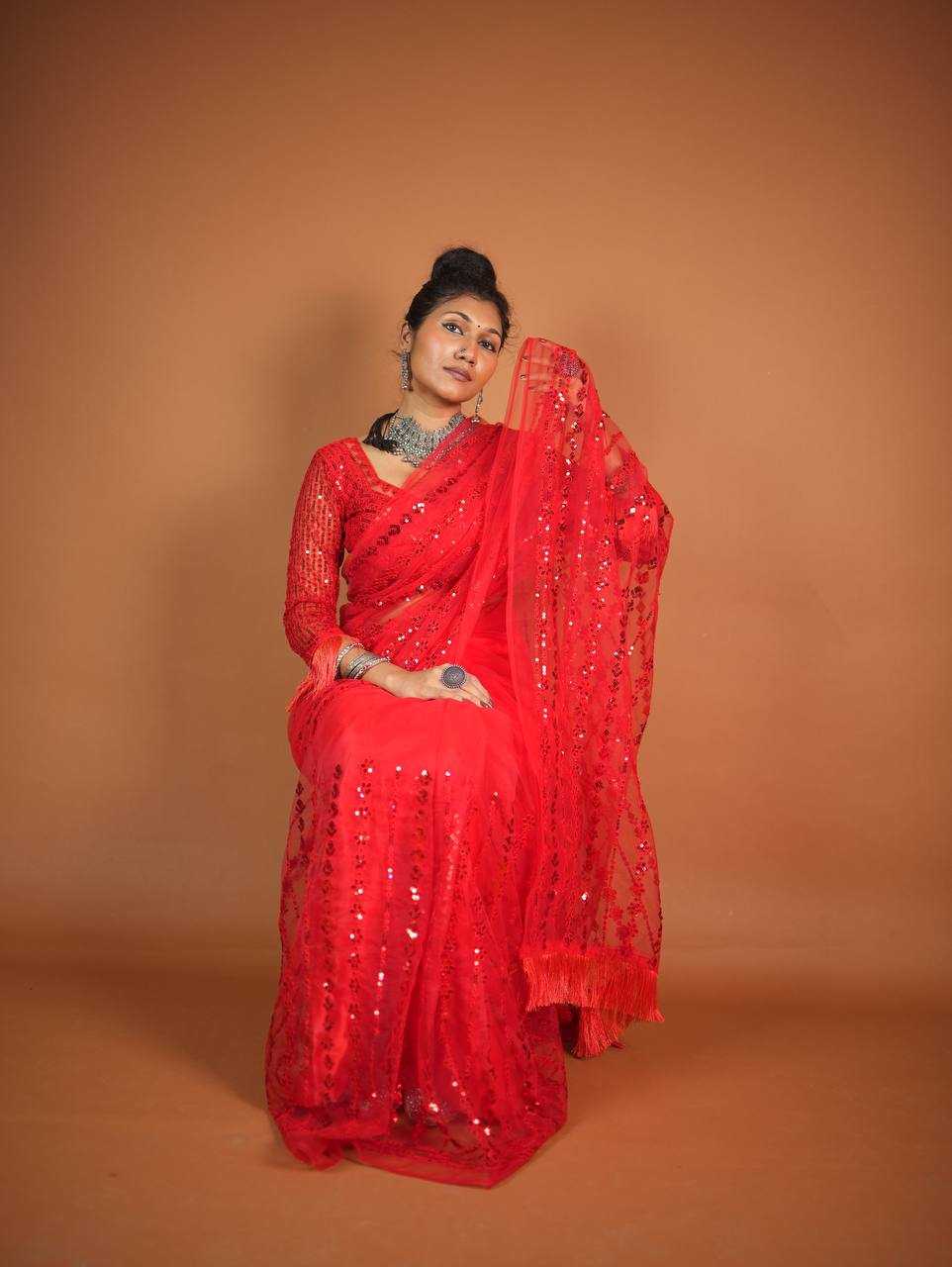 Ynf Net RIN213 L320 Sarees Wholesale Party Wear Sarees Fancy Sarees Sequence Sarees Net Sarees Red Sarees Manufacturer
