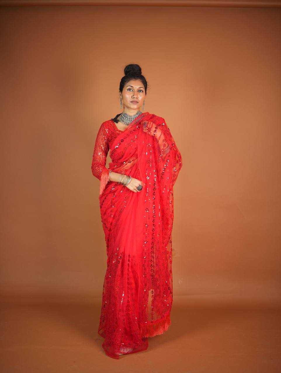 Ynf Net RIN213 L320 Sarees Wholesale Party Wear Sarees Fancy Sarees Sequence Sarees Net Sarees Red Sarees Manufacturer
