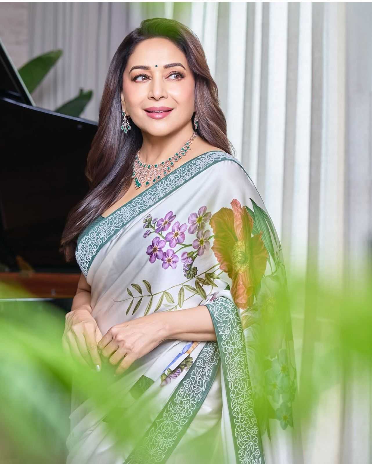 Ynf Satin RIN188 Madhuri Digital Sarees Sarees Bollywood Collections Wholesale Fancy Sarees Floral Sarees Madhuri Dixit Sarees Satin Sarees Manufacturer