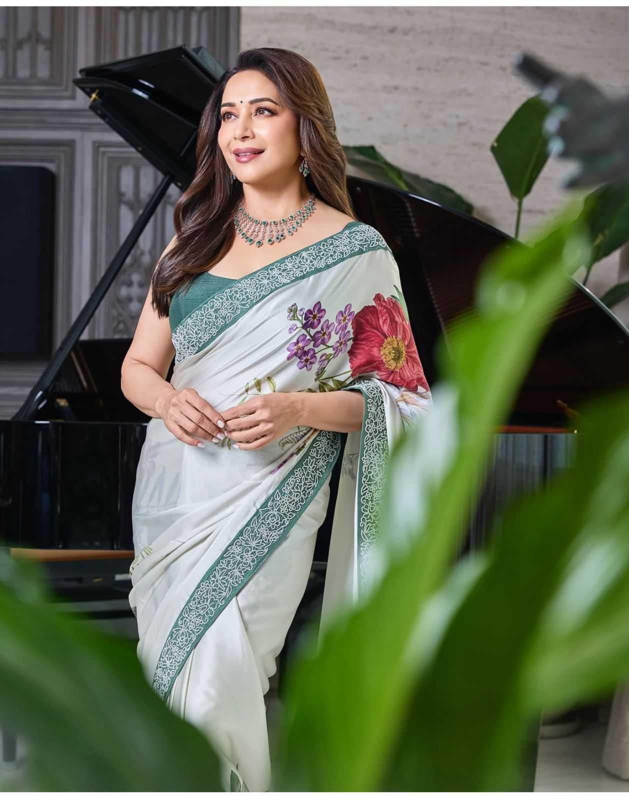 Ynf Satin RIN188 Madhuri Digital Sarees Sarees Bollywood Collections Wholesale Fancy Sarees Floral Sarees Madhuri Dixit Sarees Satin Sarees Manufacturer