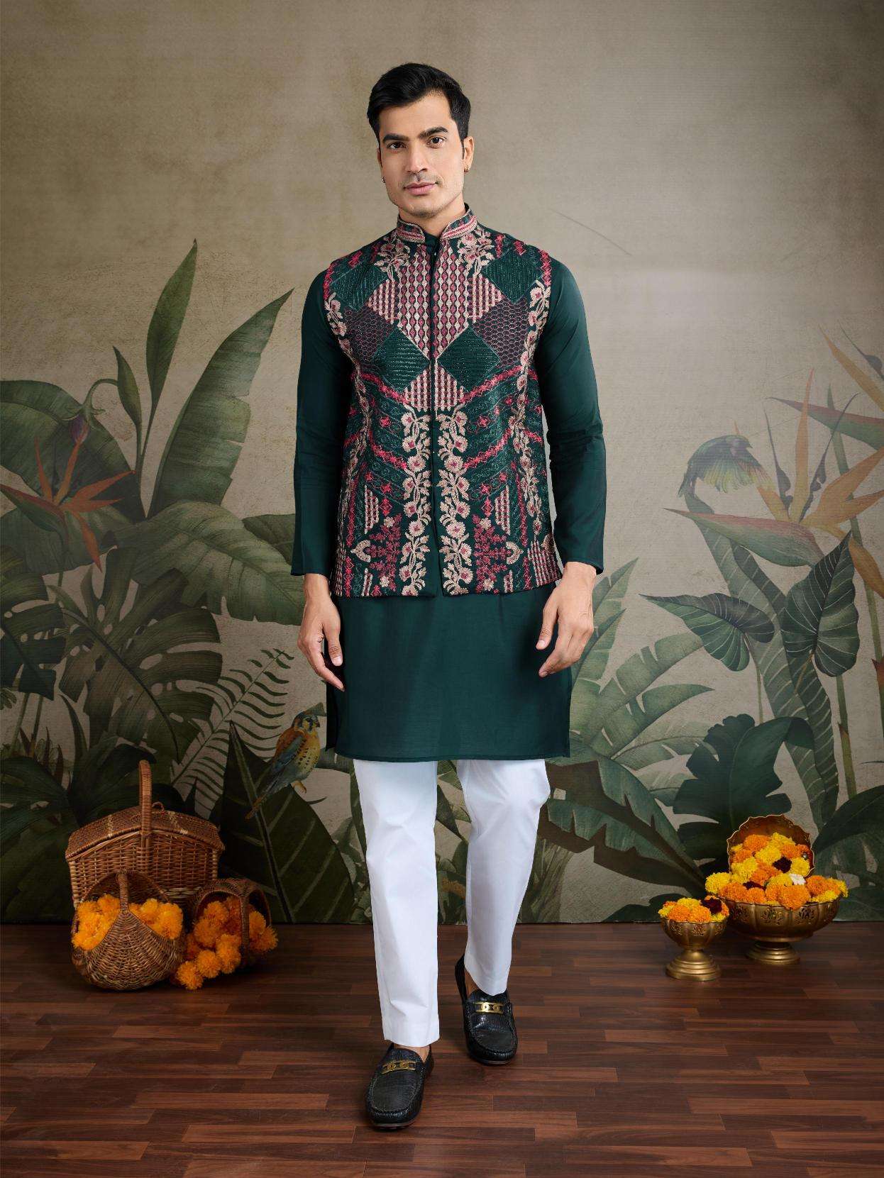 Ynf Silk Cotton RIN202 RAJWADA ATTIRE-2 Mens Wear Wholesale Mens Kurtas Mens Kurta Pyjama Nehru Jacket Embroidered Kurta Pajama Manufacturer