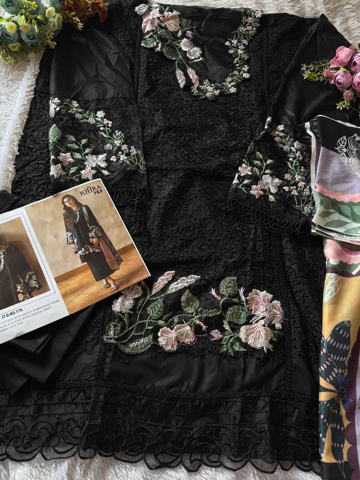 Ynf Cotton Cambric KESH444 JOHRA TEX-176 Suits & Dresses Wedding Collections Festive Collections Wholesale Embroidery Suits Cotton Suits Black Salwar Suit Manufacturer