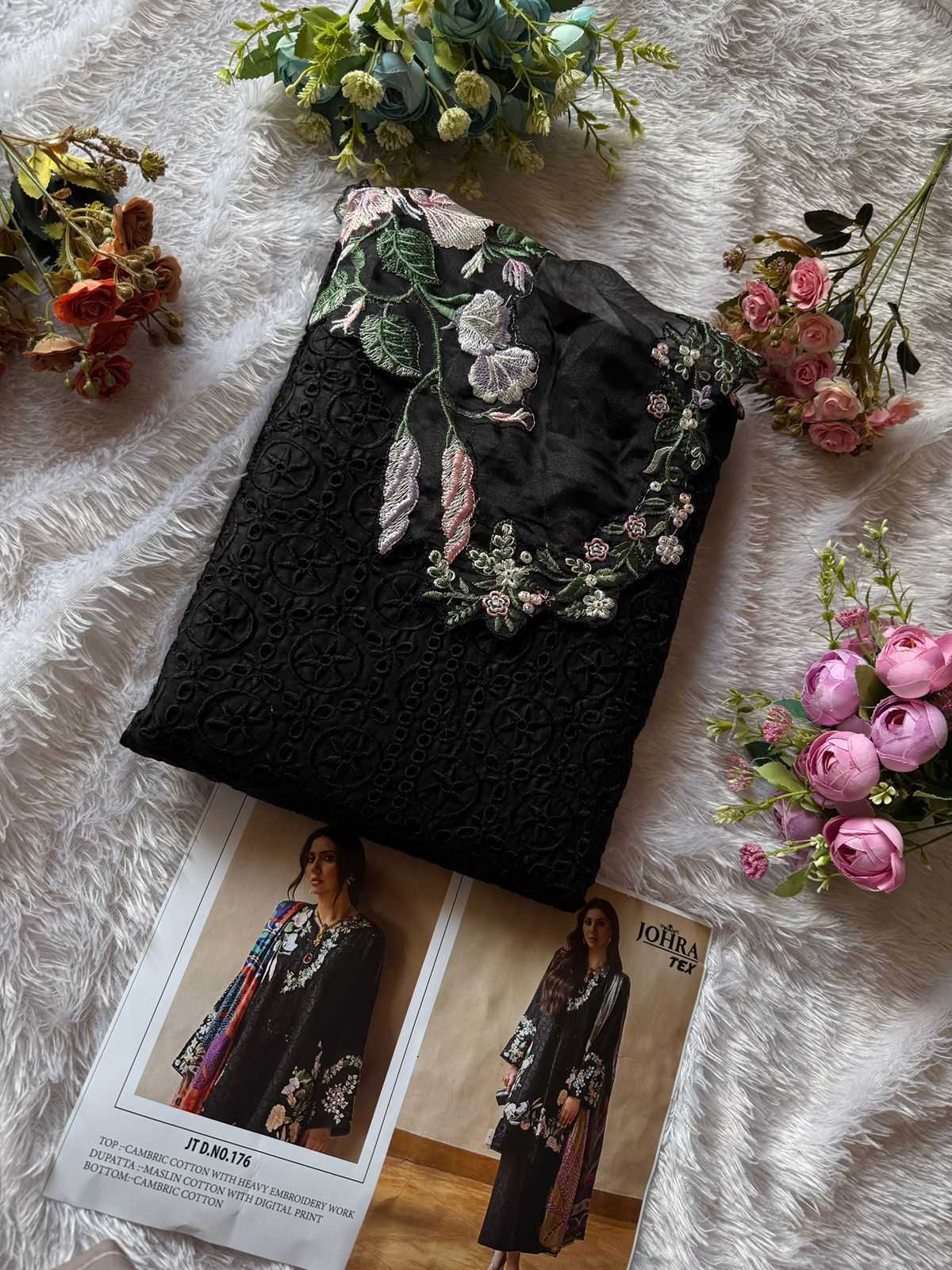 Ynf Cotton Cambric KESH444 JOHRA TEX-176 Suits & Dresses Wedding Collections Festive Collections Wholesale Embroidery Suits Cotton Suits Black Salwar Suit Manufacturer