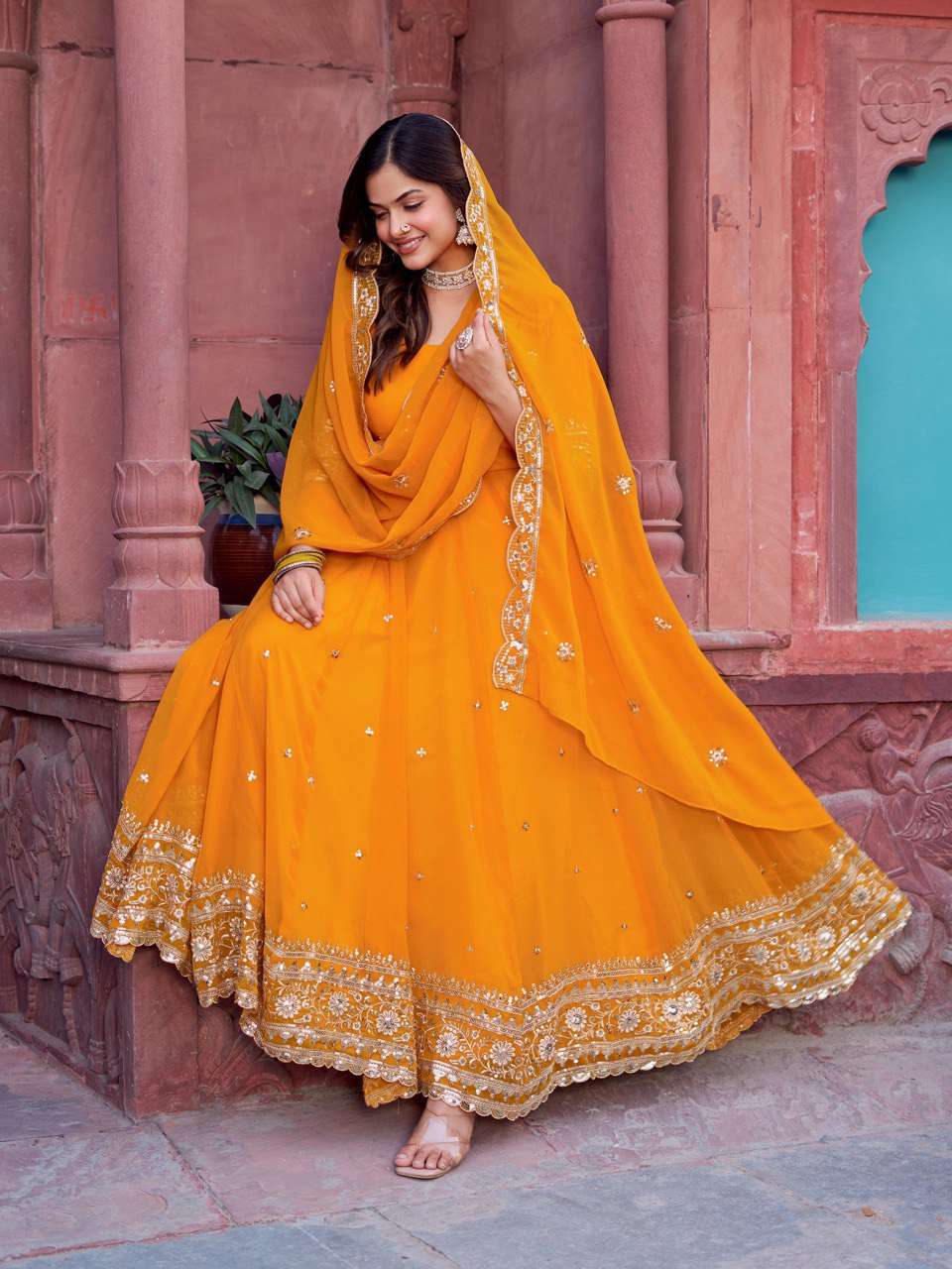 Ynf Faux Georgette RIN133 23 Gowns Wedding Collections Festive Collections Wholesale Georgette Gown Gown With Dupatta Sequin Gowns Manufacturer
