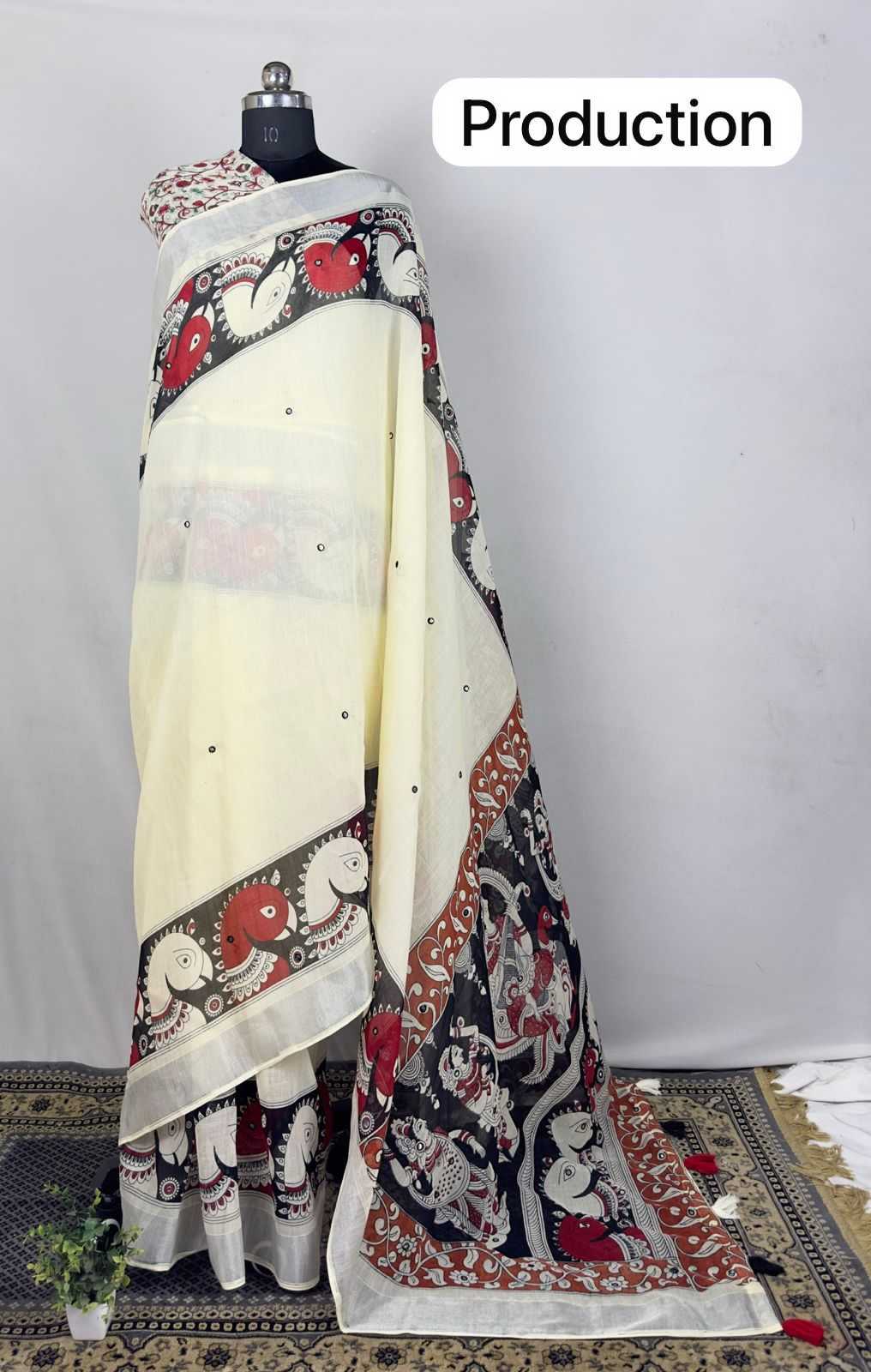 Ynf Linen RIN203 FESTIVE Sarees Festive Collections Wholesale Kalamkari Sarees Mirror Work Saree Onam Collections Manufacturer