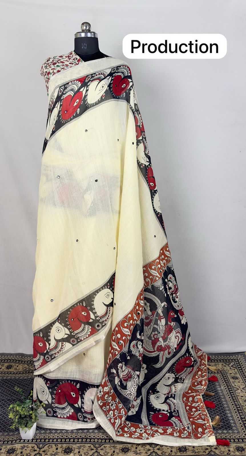 Ynf Linen RIN203 trendy Sarees Wedding Collections Festive Collections Wholesale Kalamkari Sarees Mirror Work Saree Onam Collections Manufacturer