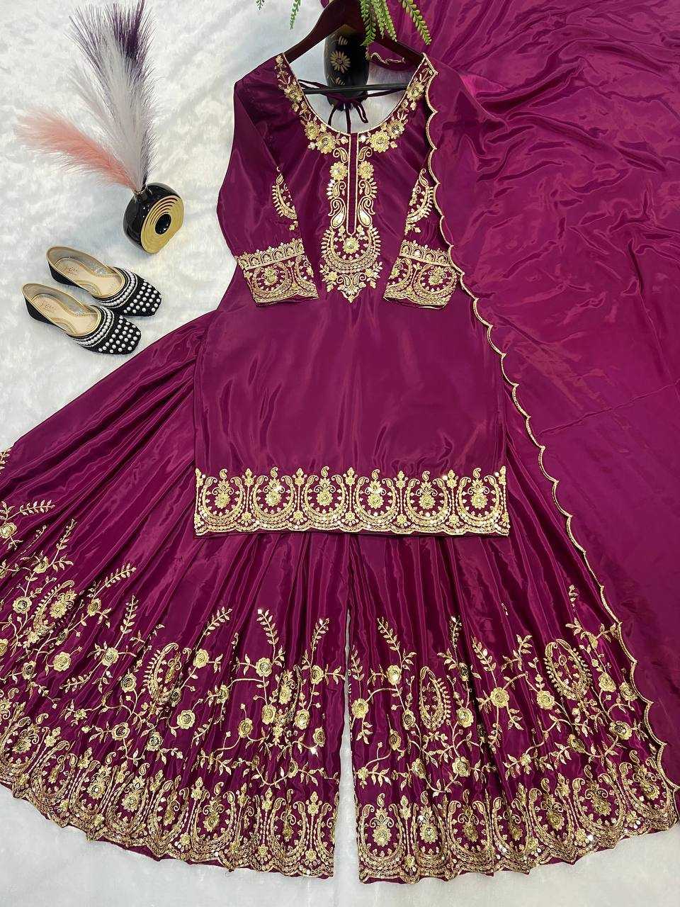 Ynf Crepe Silk KESH528 460 Suits & Dresses Wedding Collections Festive Collections Wholesale Sharara Salwar Suits Ladies Silk Suit Embroidered Suits Manufacturer