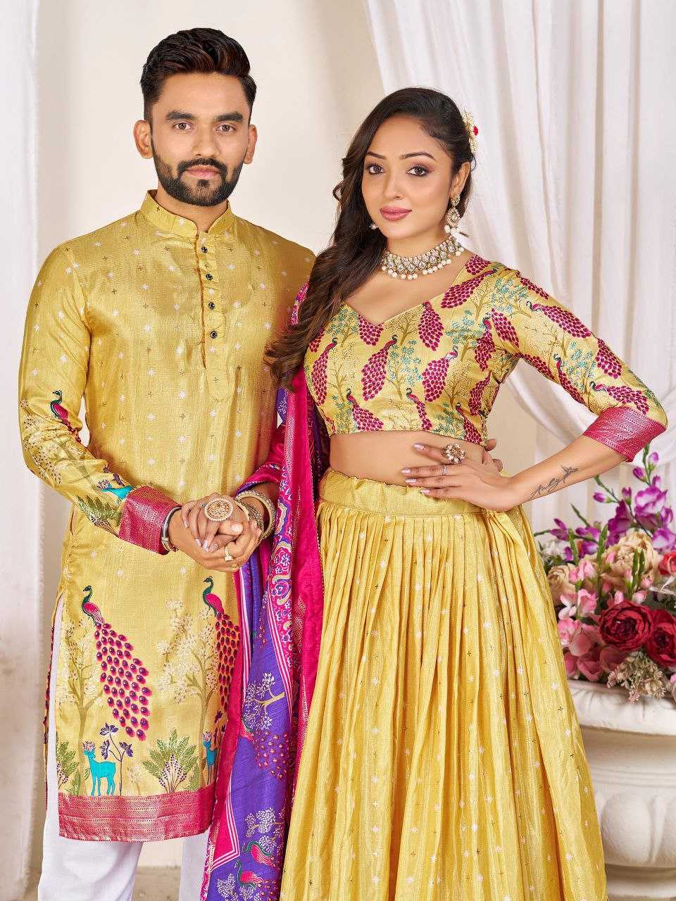 Ynf Dola Silk RIN131 LOVE BIRDS Couple Wear Plus Size Collections Wholesale Festive Matching Couple Dresses Designer Ethnic Outfits for Couples Manufacturer