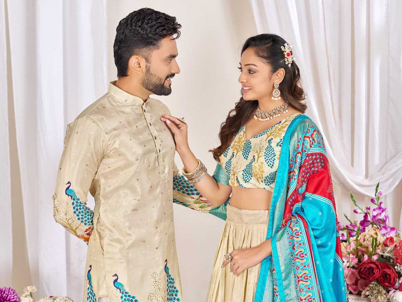 Ynf Dola Silk RIN131 LOVE BIRDS Couple Wear Plus Size Collections Wholesale Festive Matching Couple Dresses Designer Ethnic Outfits for Couples Manufacturer