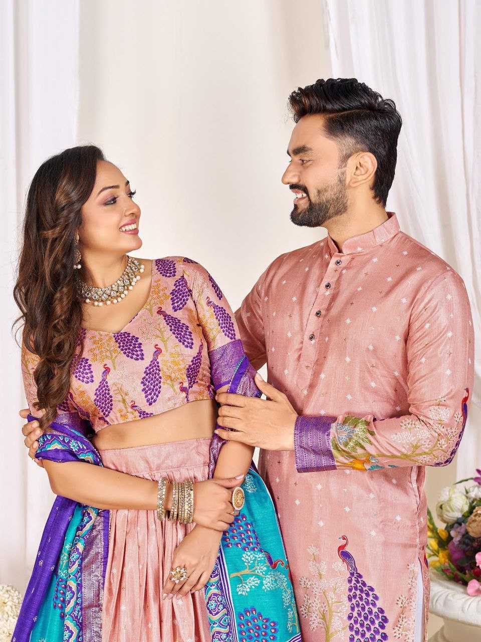 Ynf Dola Silk RIN131 LOVE BIRDS Couple Wear Plus Size Collections Wholesale Festive Matching Couple Dresses Designer Ethnic Outfits for Couples Manufacturer