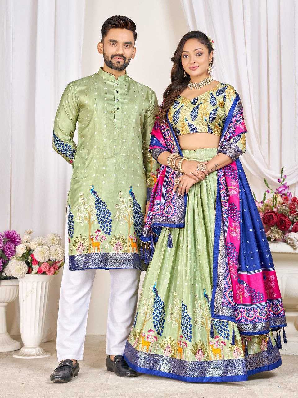 Ynf Dola Silk RIN131 LOVE BIRDS Couple Wear Plus Size Collections Wholesale Festive Matching Couple Dresses Designer Ethnic Outfits for Couples Manufacturer