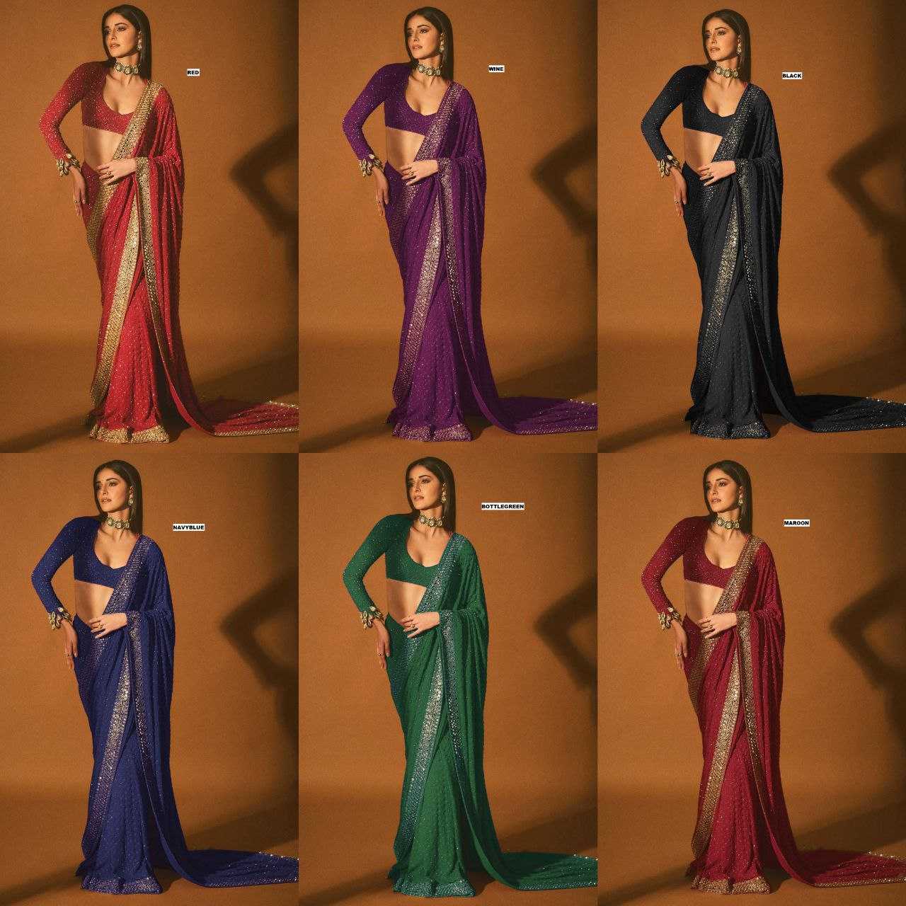 Ynf Faux Georgette KESH524 3465 Sarees Bollywood Collections Wholesale Georgette Sarees Embroidered Sarees Ananya Pandey Sarees Manufacturer