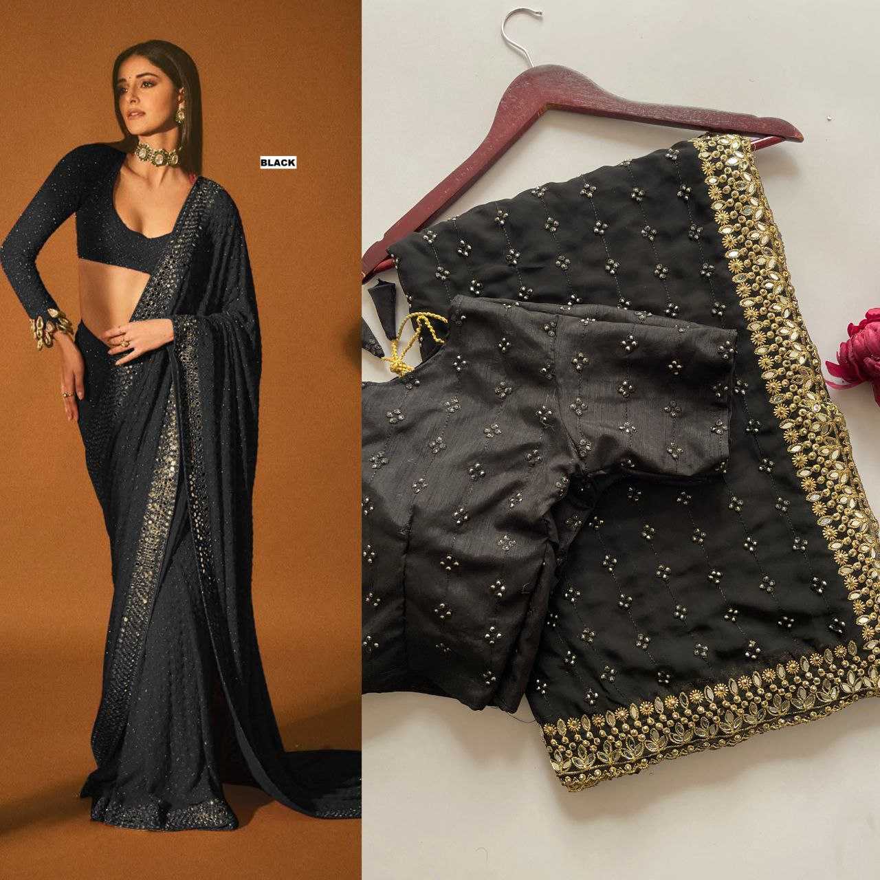 Ynf Faux Georgette KESH524 3465 Sarees Bollywood Collections Wholesale Georgette Sarees Embroidered Sarees Ananya Pandey Sarees Manufacturer