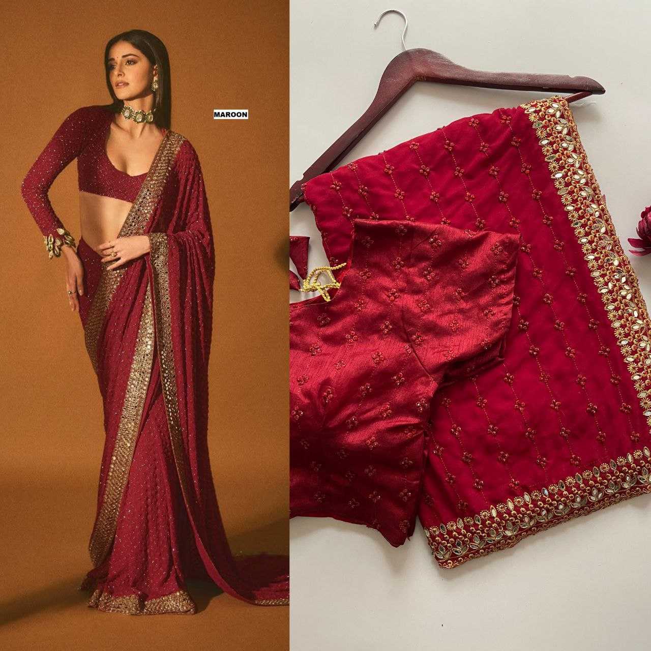 Ynf Faux Georgette KESH524 3465 Sarees Bollywood Collections Wholesale Georgette Sarees Embroidered Sarees Ananya Pandey Sarees Manufacturer