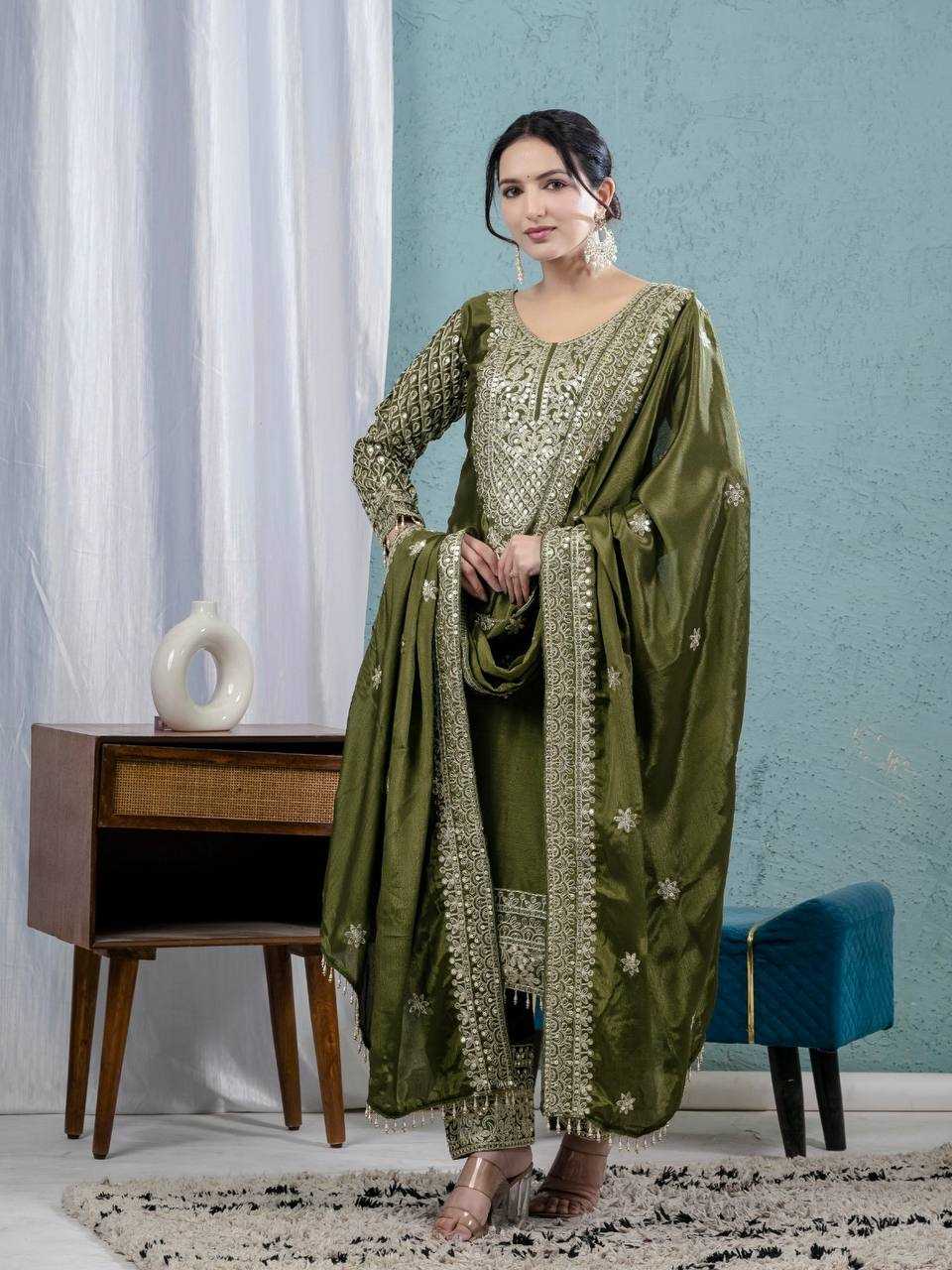 Ynf Heavy Chinnon Silk KESH528 444 Suits & Dresses Wedding Collections Festive Collections Wholesale Embroidery Suits Ladies Silk Suit Wedding Outfits Manufacturer