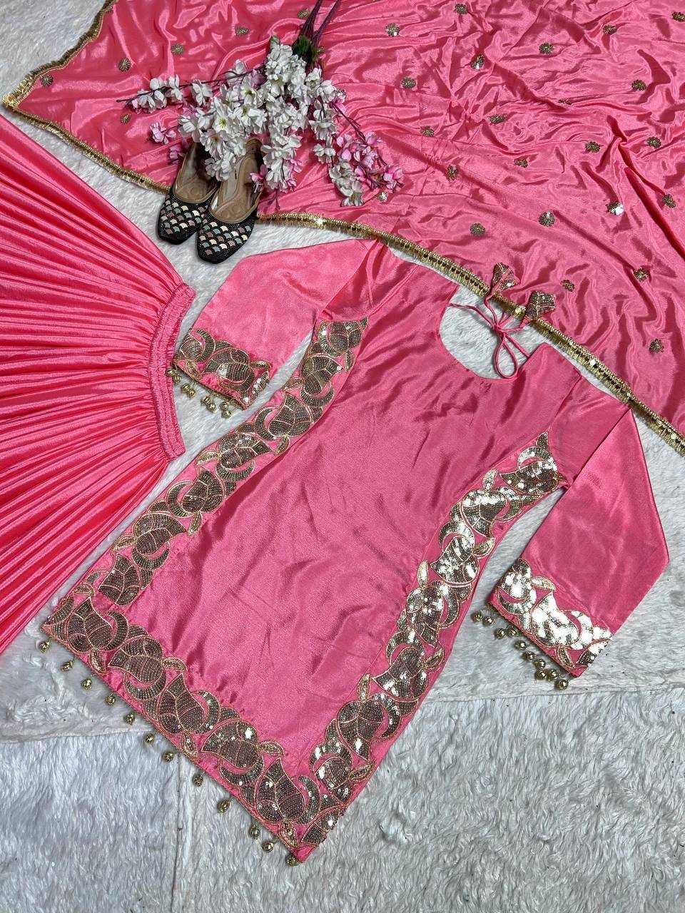 Ynf Heavy Chinnon Silk KESH528 445 Suits & Dresses Wedding Collections Festive Collections Wholesale Sharara Salwar Suits Embroidery Suits Pink Salwar Suit Manufacturer