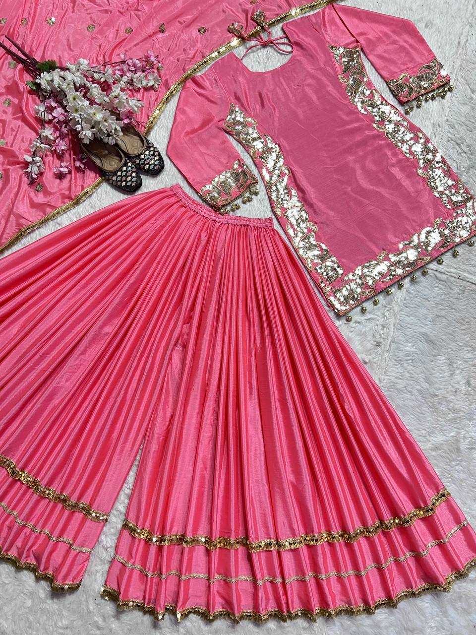 Ynf Heavy Chinnon Silk KESH528 445 Suits & Dresses Wedding Collections Festive Collections Wholesale Sharara Salwar Suits Embroidery Suits Pink Salwar Suit Manufacturer