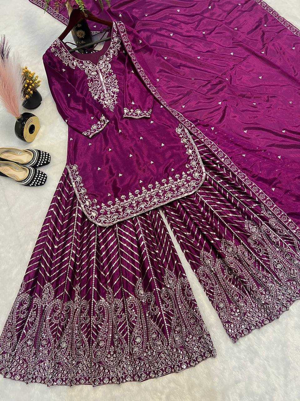 Ynf Heavy Chinnon Silk KESH528 446 Suits & Dresses Wedding Collections Festive Collections Wholesale Sharara Salwar Suits Embroidery Suits Ladies Silk Suit Manufacturer