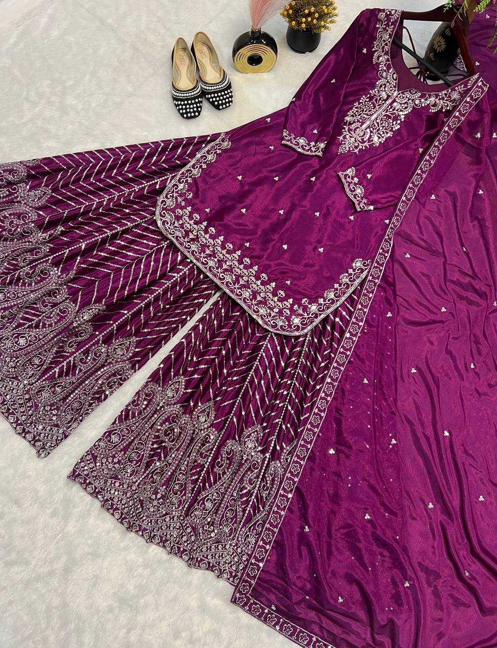 Ynf Heavy Chinnon Silk KESH528 446 Suits & Dresses Wedding Collections Festive Collections Wholesale Sharara Salwar Suits Embroidery Suits Ladies Silk Suit Manufacturer