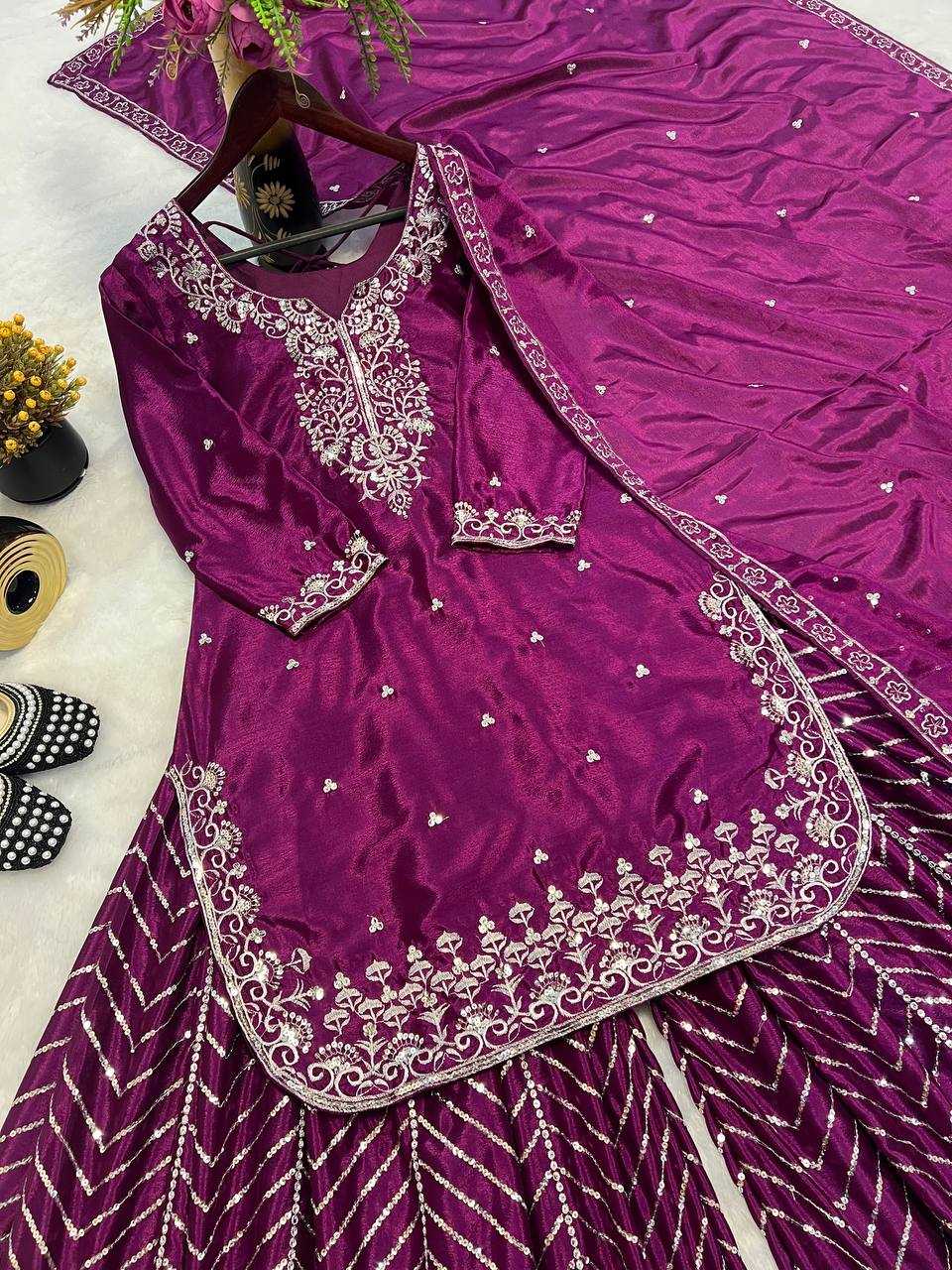 Ynf Heavy Chinnon Silk KESH528 446 Suits & Dresses Wedding Collections Festive Collections Wholesale Sharara Salwar Suits Embroidery Suits Ladies Silk Suit Manufacturer