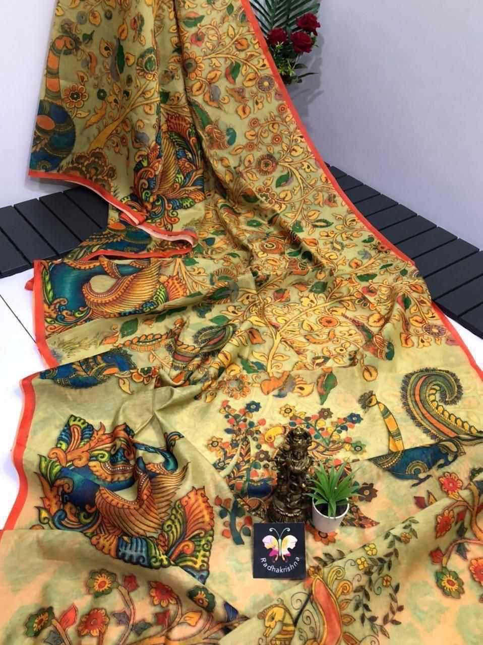 Ynf Linen KESH484 FISH Sarees Wholesale Printed Sarees Kalamkari Sarees Linen Sarees Manufacturer
