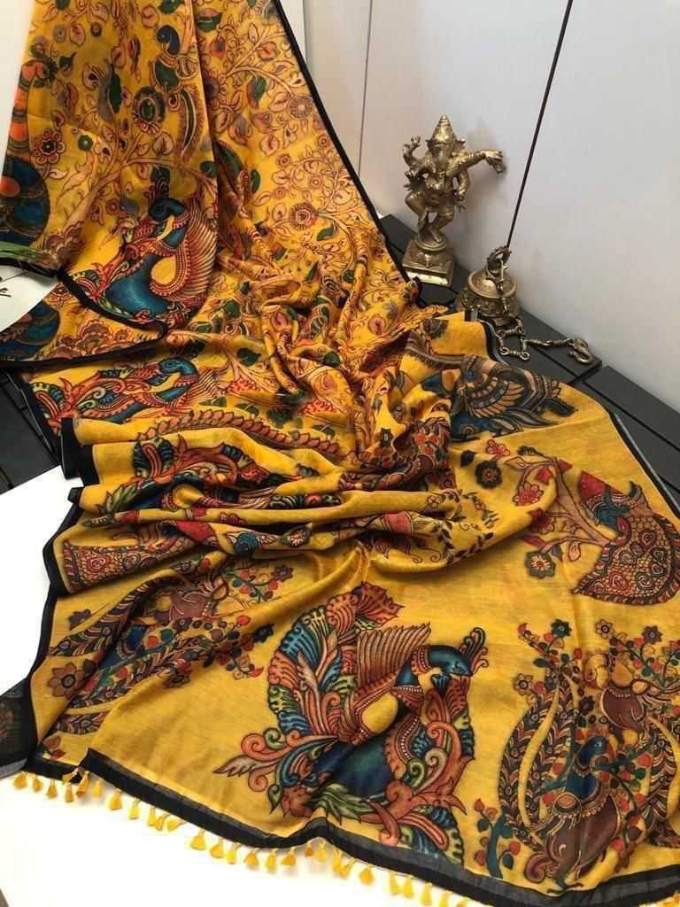 Ynf Linen KESH484 FISH Sarees Wholesale Printed Sarees Kalamkari Sarees Linen Sarees Manufacturer