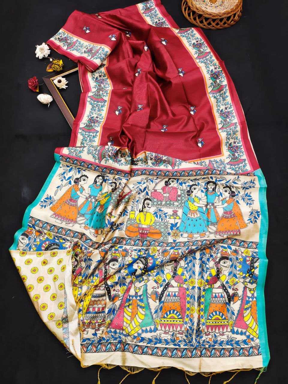 Ynf Tussar Silk KESH532 YOGITA MADHUBANI Sarees Wholesale Designer Sarees Madhubani Sarees Tussar Sarees Manufacturer