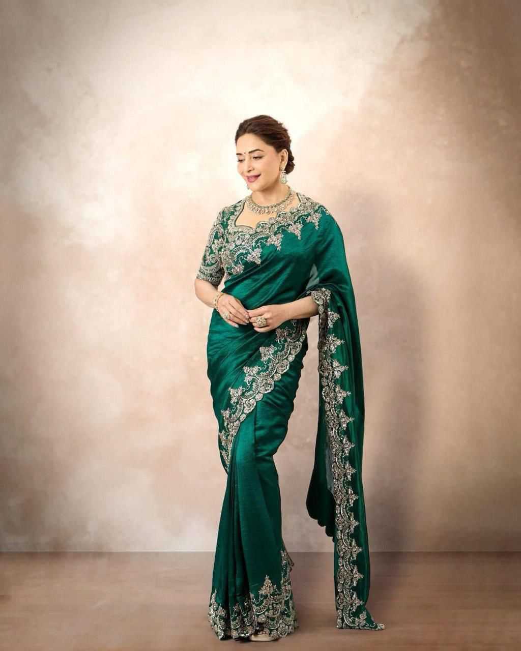 Ynf Rangoli Silk RIN164 Dixit-2 Silk Sarees Wedding Collections Bollywood Collections Wholesale Madhuri Dixit Sarees Embroidered Silk Sarees Green Silk Sarees Manufacturer